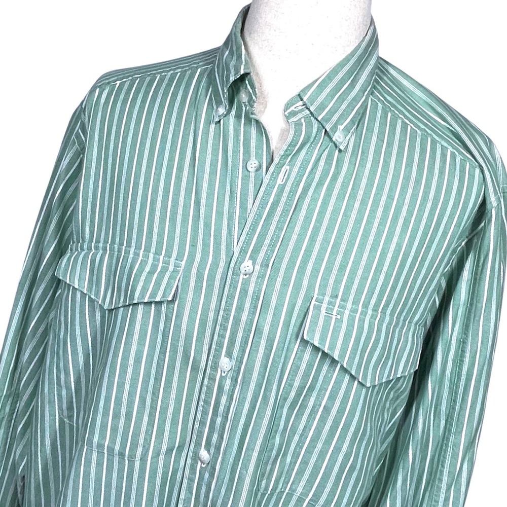 The Territory Ahead Mens Large Green White Striped Cotton Oxford Shirt Long Slv